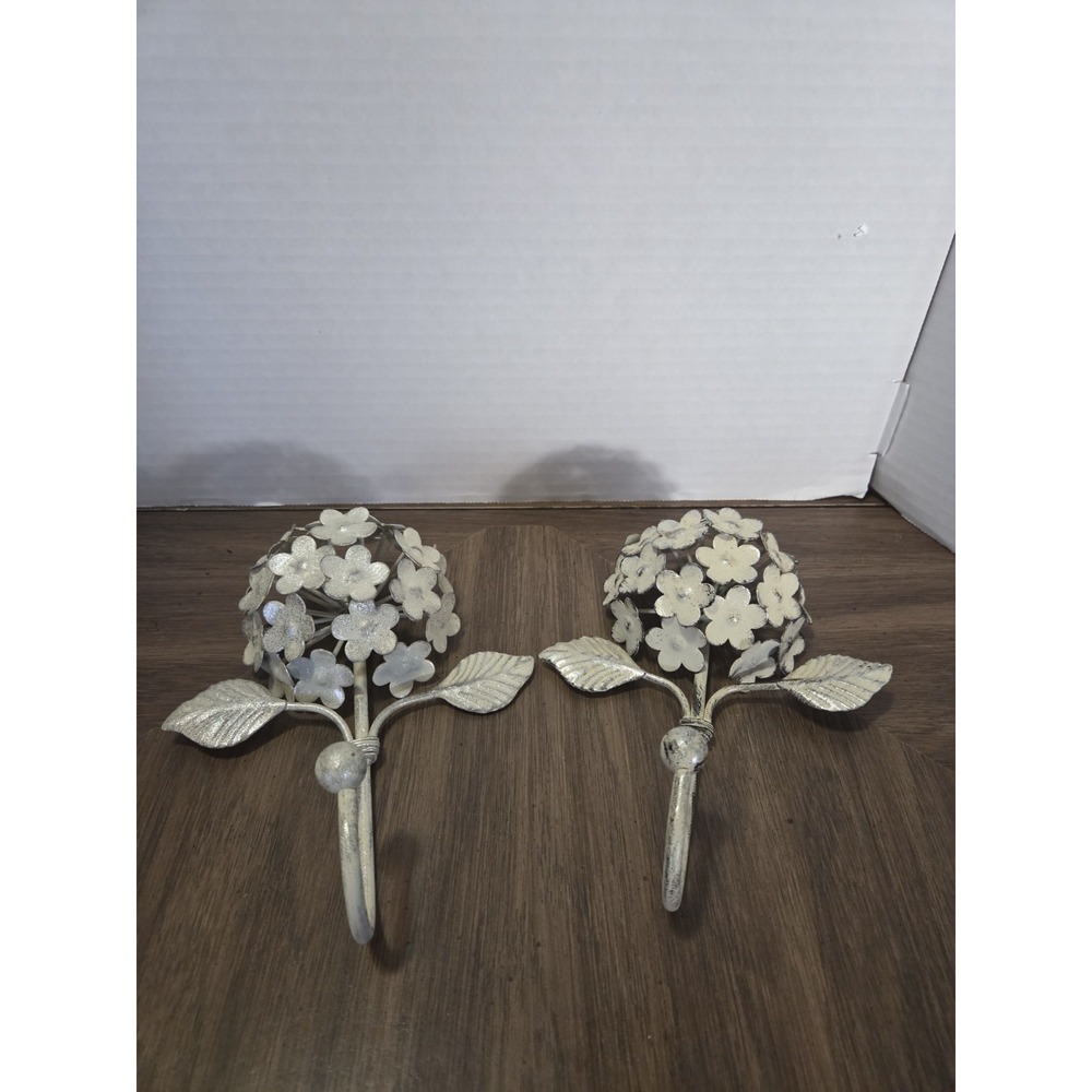 Set of 2 White Metal Floral Wall Mounted Hooks, Metallic Finish, Whimsical fairy